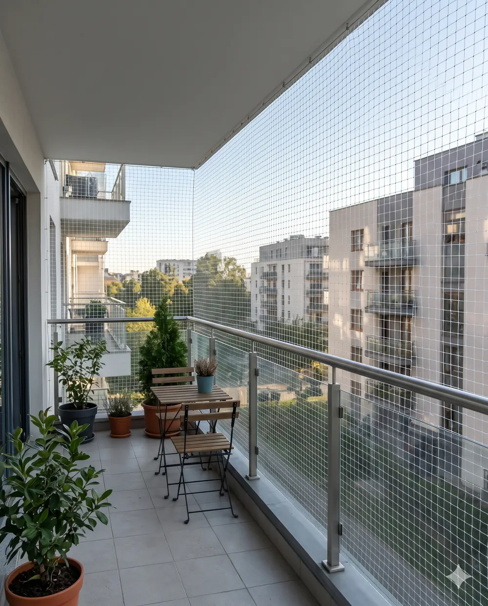 Installer measuring an apartment balcony before fitting a pigeon safety net