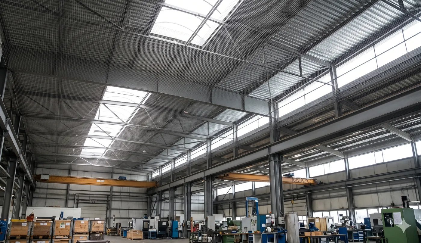 Industrial bird netting installed across a warehouse roof space